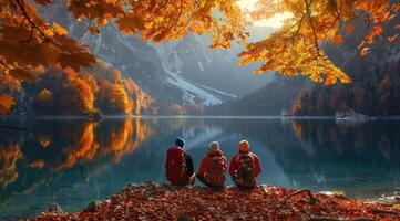 vrolijk studenten genieten van natuur vakantie, camping, hiking, en weken in Super goed landschap, koesteren kameraadschap en vreugde temidden van de schoonheid van de buitenshuis, creëren gedenkwaardig ervaringen en bonding foto