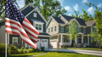 nationaal Verenigde Staten van Amerika vlag met buitenwijk Amerikaans huis in achtergrond foto