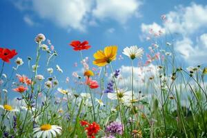 kleurrijk wilde bloemen bloeiend in zonnig weide onder Doorzichtig blauw lucht foto