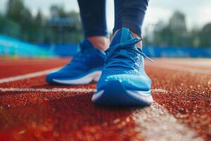 atleet vervelend helder blauw rennen schoenen Aan rood stadion bijhouden gedurende opleiding foto