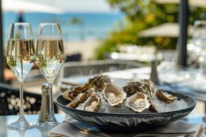 vers oesters Aan ijs en twee bril met sprankelend wijn foto