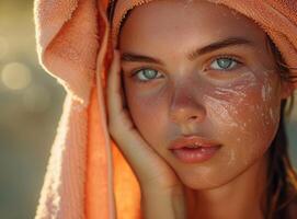 detailopname van mooi jong vrouw met bad handdoek Aan hoofd met buitenshuis achtergrond foto