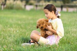 een weinig meisje spelen met haar Maltipoo hond een Maltees-poedel ras foto