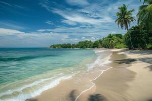 rustig tropisch stranden met kristalhelder wateren, wit zand, en weelderig palm bomen onder een zonnig lucht foto