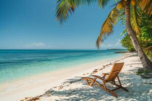 rustig tropisch stranden met kristalhelder wateren, wit zand, en weelderig palm bomen onder een zonnig lucht foto