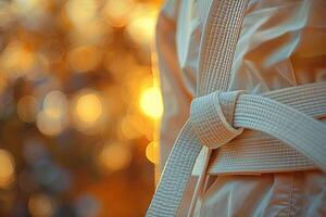 beeltenis een dichtbij omhoog van karate uniformen met wit riem gebonden in de omgeving van nekken, wazig achtergrond, zonlicht, warm kleuren, bokeh effect, hoog resolutie fotografie foto