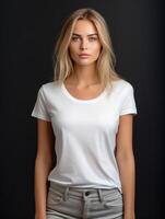 mooi jong vrouw in blanco wit t-shirt bespotten omhoog. foto