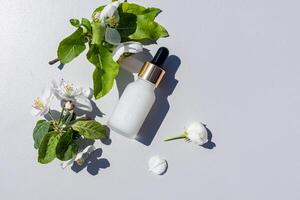 een serum voor de zorg van droog huid van de gezicht in een matte fles met een druppelaar Aan een grijs achtergrond, appel bloesem, bloemblaadjes. top visie. model. foto