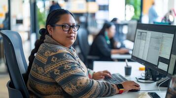 vrouw met bril Bij bureau toepassingen perifeer apparaten met persoonlijk computer foto