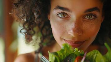 een vrouw is gelukkig sharing een blad groente salade Bij de evenement foto