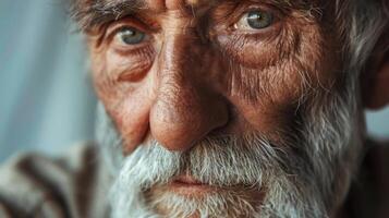 ouderen Mens met gerimpeld gelaats haar- blikken Bij camera met snor en baard foto