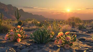 een natuurlijk landschap met cactussen en bloemen onder een zonsondergang lucht foto