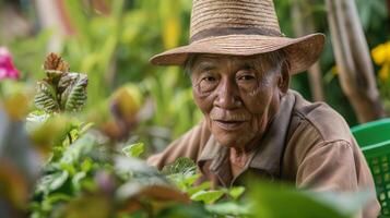 ouderen Filipijns Mens tuinieren, vervelend rietje hoed, omringd door gebladerte en groen in buitenshuis tuin instelling foto