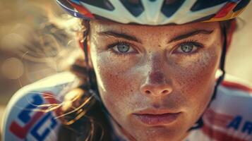 dichtbij omhoog van een vrouw in een elektrisch blauw fiets helm foto