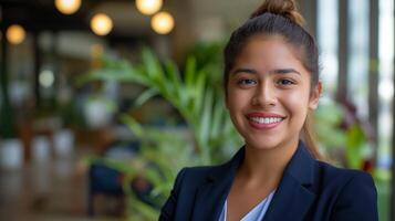 professioneel jong vrouw in zakelijke kantoor instelling, lachend, bedrijf kleding, verschillend personeelsbestand, modern werkplaats ontwerp voor afdrukken, kaart, poster foto