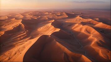 antenne visie van woestijn zand duin Bij zonsondergang, met lucht en natuurlijk landschap foto
