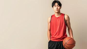 een Mens vervelend rood tank top en zwart shorts houdt een basketbal foto