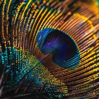levendig Pauw veer met natuurlijk kleuren en uniek patroon foto