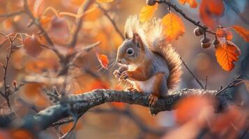 een eekhoorn neergestreken Aan een herfst boom tak, presentatie van haar bossig staart foto