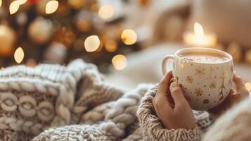 persoon Holding een koffie kop van heet chocola in voorkant van een Kerstmis boom foto