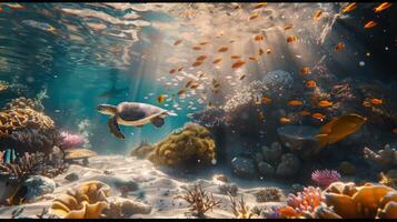 onderwater- tafereel met een schildpad omringd door vis in een kleurrijk koraal rif foto