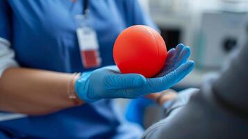 de verpleegster houdt een rood bal, maken een gebaar van geluk en recreatie foto