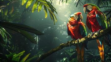 twee papegaaien baars Aan een boom Afdeling in de weelderig oerwoud foto