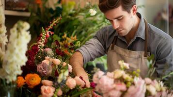 Mens regelen van bloemen in winkel, creëren mooi bloemen regelingen foto