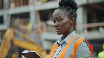 vrouw Aan bouw plaats gebruik makend van portable communicatie apparaat foto