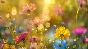 levendig bloemen in de zon, creëren een gelukkig natuurlijk landschap foto