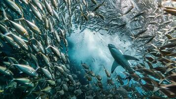 elektrisch blauw haai zwemt tussen school- van vis in onderwater- rif foto