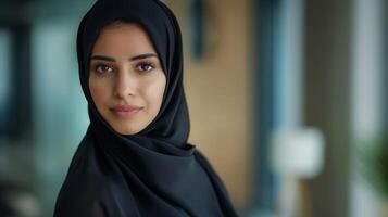 zelfverzekerd midden- oostelijk zakenvrouw in hijaab, elegant professioneel portret voor zakelijke en redactioneel gebruik foto