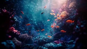 elektrisch blauw vis zwemmen in de buurt een koraal rif in de donker oceaan landschap foto