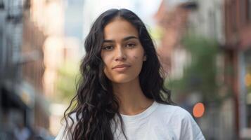 zelfverzekerd jong vrouw met acne in stedelijk straat instelling, omarmen natuurlijk schoonheid en verscheidenheid foto