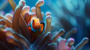 een clown vis woont in een zee anemoon, een marinier organisme foto