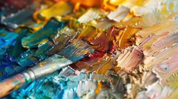 detailopname van een borstel Aan een olie verf palet in creatief kunsten foto