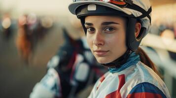 vrouw in jockey helm naast paard, sporting koel sport- uitrusting foto