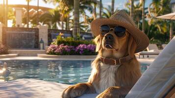 een hond vervelend een hoed en zonnebril is zittend Aan een stoel door een zwembad foto