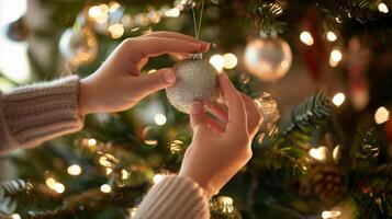 een gelukkig vrouw decoreren een Kerstmis boom met een wit ornament foto