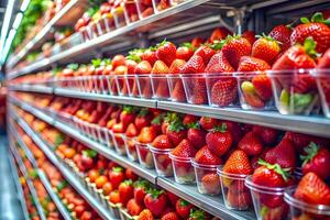 bundel van aardbei pakketten zijn geregeld in de plank van kruidenier winkelcentrum foto