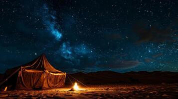 tent in woestijn onder sterrenhemel lucht creëren een sereen atmosfeer foto