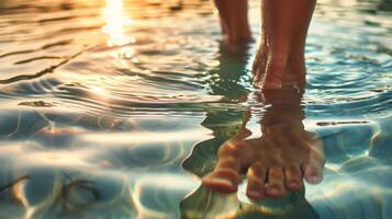 een persoon ontspannen waden in de meer, met hun poten ondergedompeld in de water foto