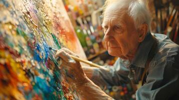 ouderen artiest verven een portret met aquarellen Aan canvas Bij kunst evenement foto