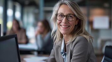 zelfverzekerd volwassen zakenvrouw Bij kantoor bureau, professioneel werkruimte, leiderschap, verscheidenheid in modern werkplaats foto