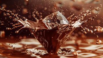 gedetailleerd 8k renderen van chocola melk plons met diamant foto