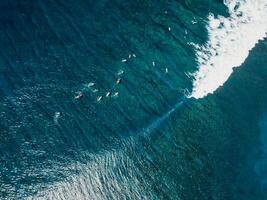 antenne visie met surfing Aan Golf. perfect golven met surfers in Doorzichtig oceaan foto