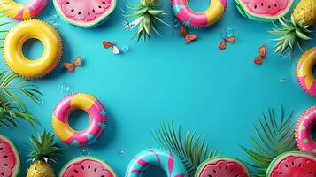 top visie van zomer achtergrond met opblaasbaar zwemmen ringen, watermeloen en ananas Aan blauw kleur. zomer vakantie vakantie concept foto