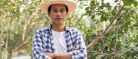 biologisch landbouw, fruit boerderij. portret jong slim boeren . pomelo toenemen van nature, ecologisch biologisch, gezond, technologie, niet giftig, oogst, wetenschappelijk , academisch foto