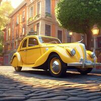 geel auto retro wijnoogst model- 3d illustratie- tekenfilm stijl schattig voertuig foto