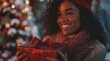 een vrouw Holding een Kerstmis geschenk in voorkant van een Kerstmis boom foto